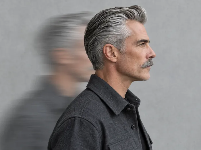 Henk, a barber with a silver pompadour and grey moustache, in profile with a ghost of his silhouette