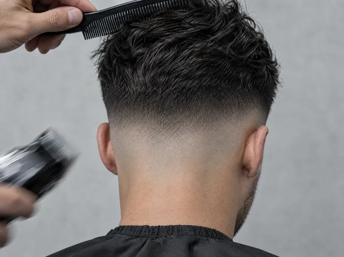 Macro of a skin fade blending into short dark hair
