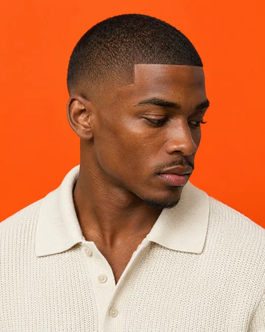 Buzz cut with a sharp line-up, orange backdrop
