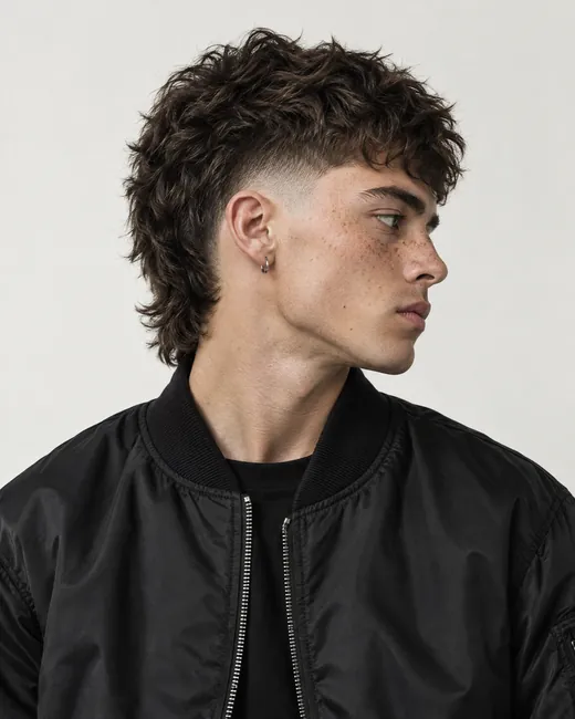 Burst-fade mullet in profile, white backdrop