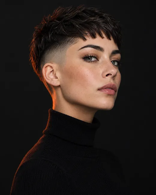 Undercut pixie with a faded side, black backdrop with an orange rim light