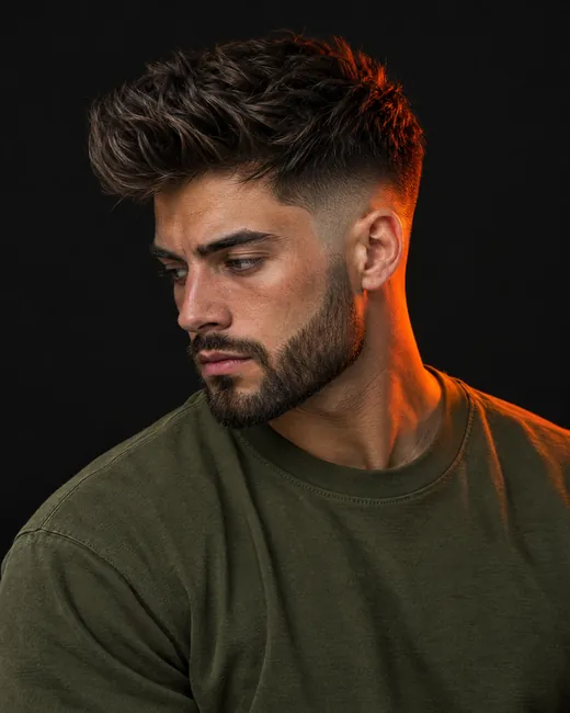 Textured quiff with a high taper and beard line, black backdrop