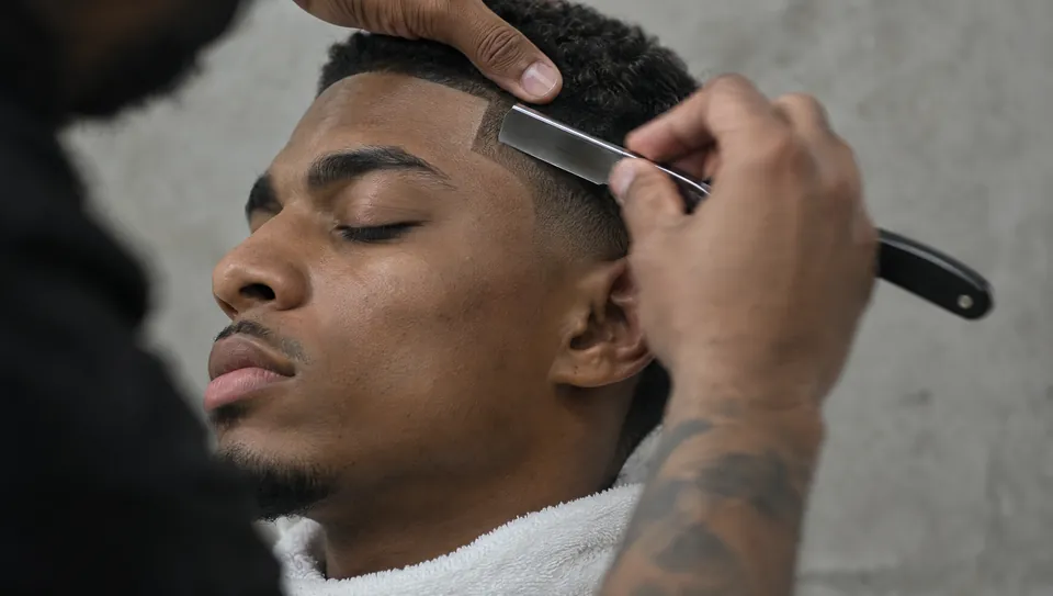 Close-up of a razor shaping a line-up on a temple