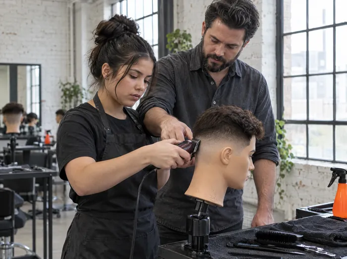 An instructor guides a student's clippers on a mannequin head