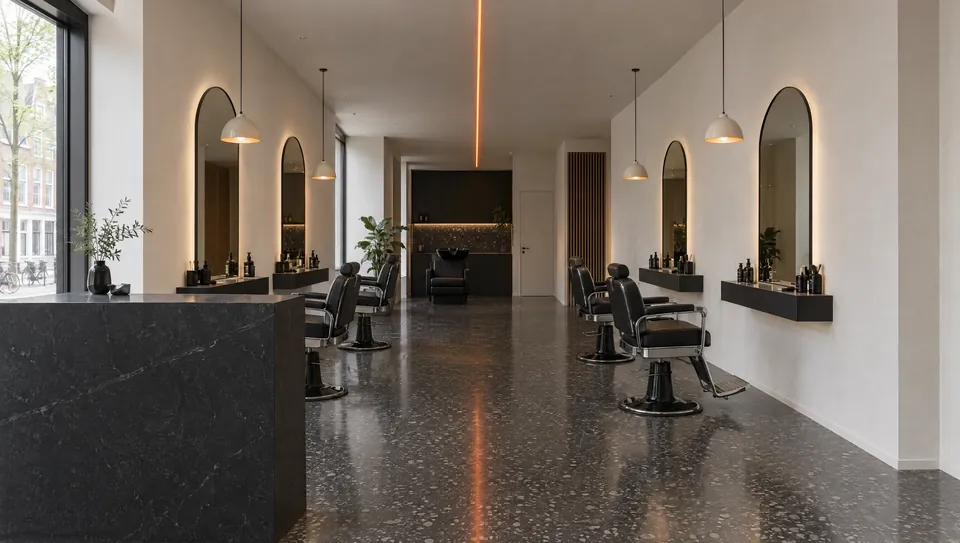 KNIP Noord: terrazzo floor, arched mirrors and four black chairs under a thin orange light line